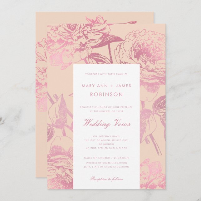 Invitation Elégant Rose Gold Blush Floral Mariage Vow Renouve (Devant / Derrière)