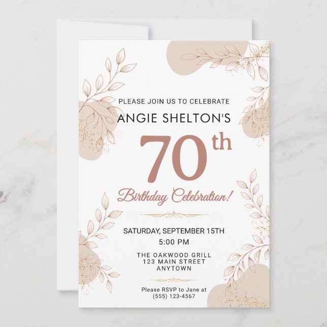 Invitation Elegant Rose Gold Botanical 70th Birthday (Devant)