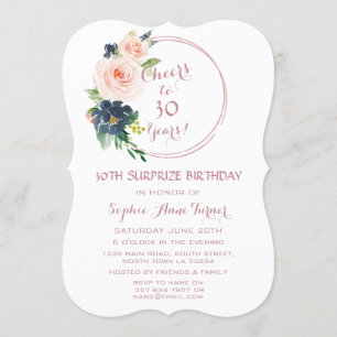 Invitation Elégant Rose Gold Bush Blue Flowers 30e anniversai
