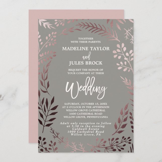 Invitation Elégant Rose Gold Cadre Leafy Mariage & Réception (Devant / Derrière)
