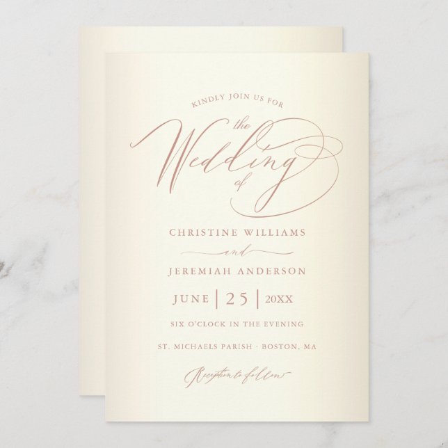 Invitation Élégant Rose Gold Calligraphie Champagne Mariage (Devant / Derrière)