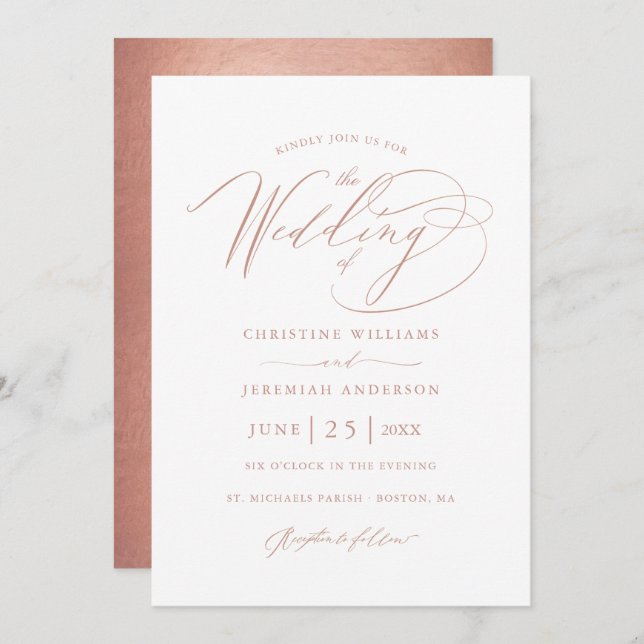 Invitation Élégant Rose Gold Calligraphie Mariage métallique (Devant / Derrière)