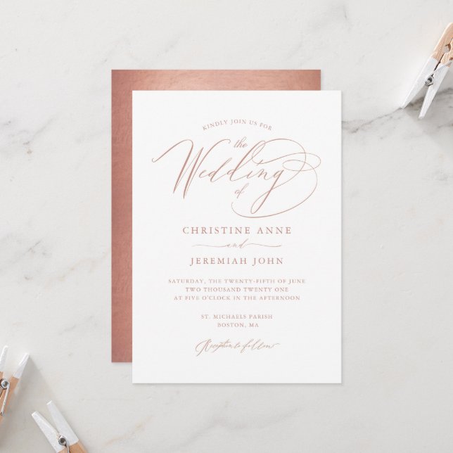 Invitation Élégant Rose Gold Calligraphie Mariage métallique (Devant/Arrière en situation)