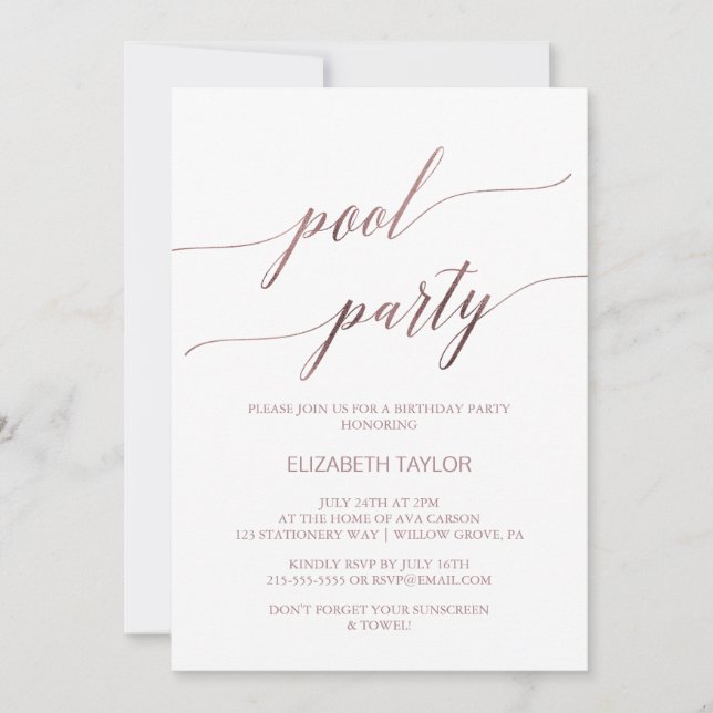 Invitation Élégant Rose Gold Calligraphy Pool Party Anniversa (Devant)