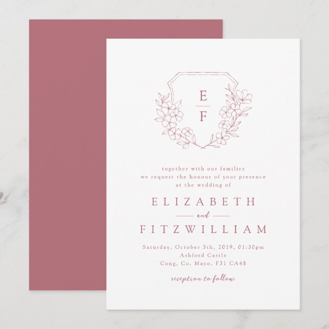 Invitation Élégant Rose Gold Cherry Blossom Monogram Crest (Devant / Derrière)