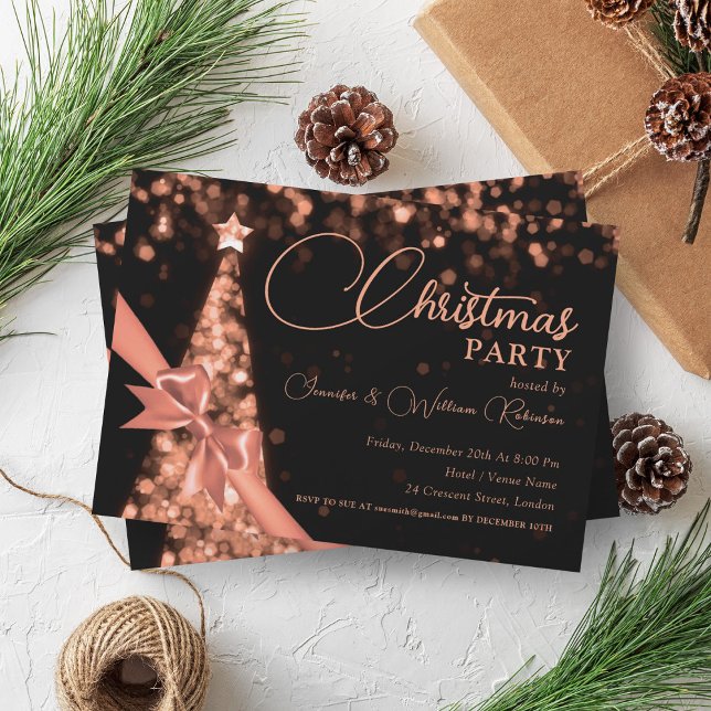 Invitation Elégant Rose Gold Chimmerger Xmas Tree vacances (Elegant Rose Gold Shimmering Xmas Tree Holiday Invitation)