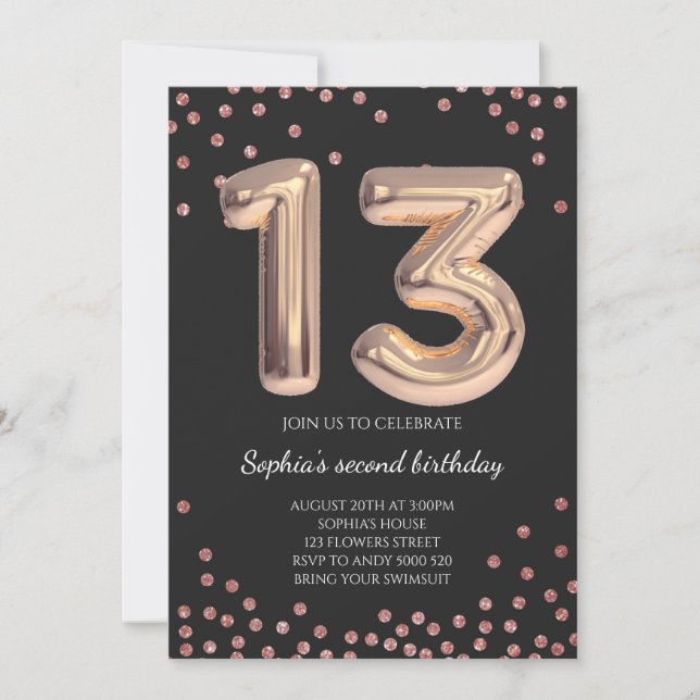 Invitation Elégant Rose Gold Confetti 13e anniversaire fille (Devant)