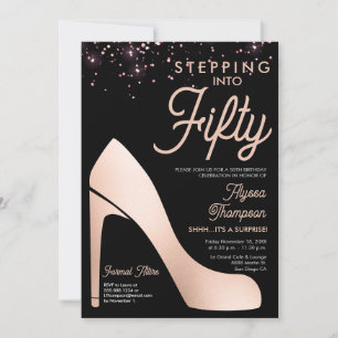 Invitation Elégant Rose Gold Confetti High Heel 50e Anniversa