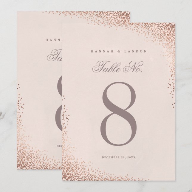 Invitation Élégant Rose Gold Confetti Mariage Numéros de tabl (Devant / Derrière)
