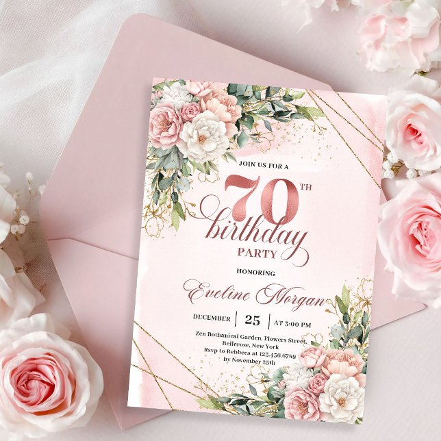 Invitation Elegant Rose Gold Dusty Pink Floral 70th Birthday  (Rose gold floral 70th birthday,
editable custom digital invitation,
budget delicate birthday invite )