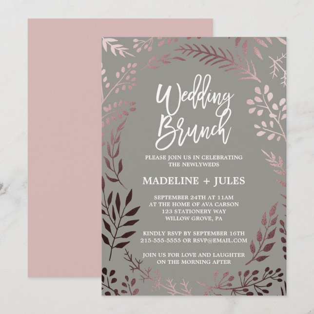 Invitation Elégant Rose Gold et Grey Mariage Brunch (Devant / Derrière)