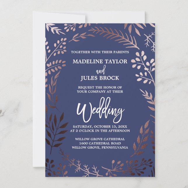 Invitation Elégant Rose Gold et Navy | Mariage de cadre feutr (Devant)
