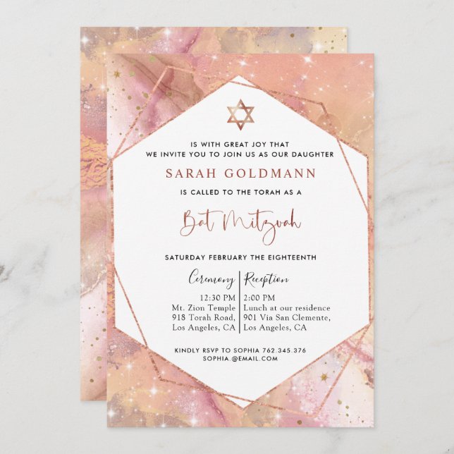 Invitation Élégant Rose Gold et rose Celestin Bat mitzvah (Devant / Derrière)