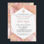 Invitation Élégant Rose Gold et rose Celestin Bat mitzvah<br><div class="desc">Freuen Sie sich auf die schöne und elegante Bat Mitzvah Einladung! Design mit zarter Rose Gold, Rosa und Pfirsichfarben und rosa himmlischen Hintergrund mit farbigen funkelnd Sternen. Die Möglichkeit, Ihre Zeremonie und Empfang, Mittag, Abendessen oder Party Details hinzuzufügen! Imitate Rose goldene Folie Stern von David, Bat Mitzvah Phrase und geometrische...</div>