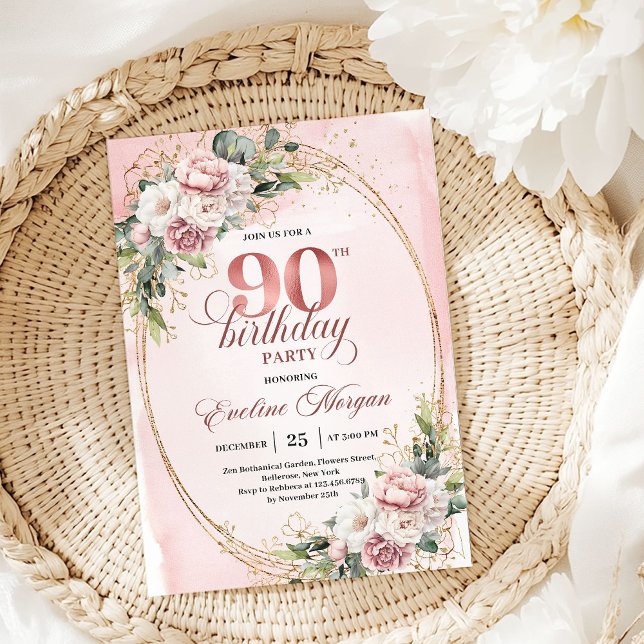 Invitation Elegant Rose Gold Eucalyptus Floral 90th Birthday  (Elegant Rose Gold Eucalyptus Floral 90th Birthday Invite)