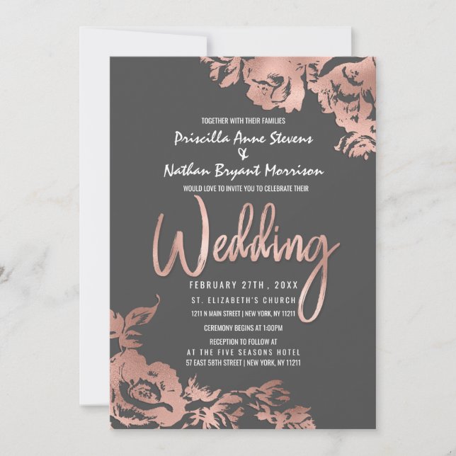 Invitation Élégant Rose Gold Floral Dark Grey Mariage (Devant)