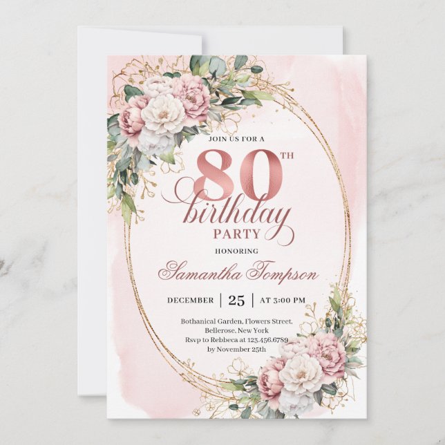 Invitation Elegant Rose Gold Floral Eucalyptus 80th Birthday  (Devant)