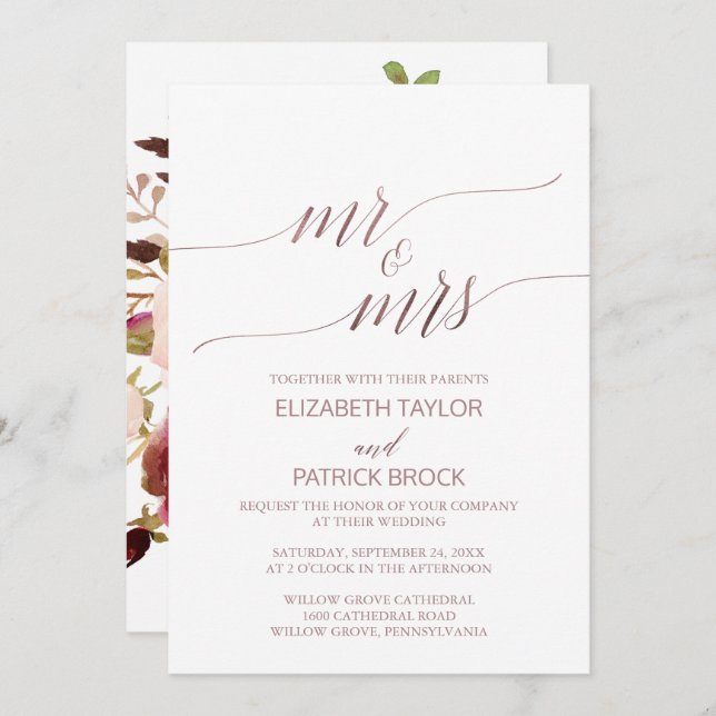 Invitation Élégant Rose Gold Floral Mr & Mrs Mariage (Devant / Derrière)
