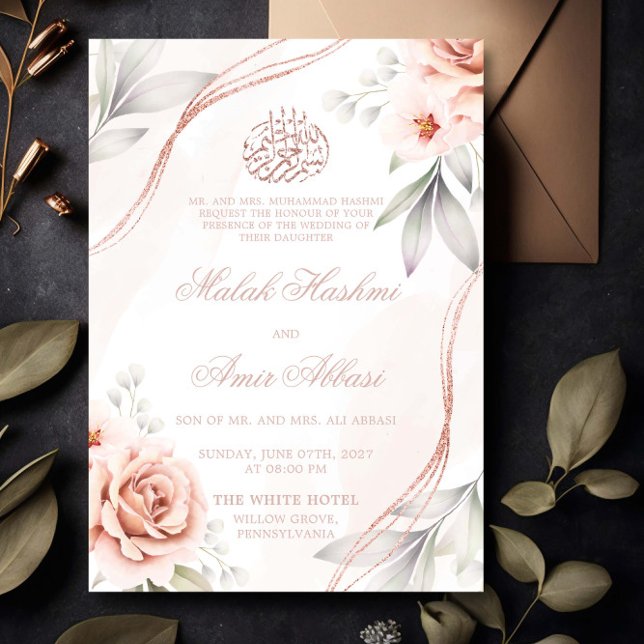 Invitation Élégant Rose Gold Floral musulman musulman mariage (Créateur téléchargé)