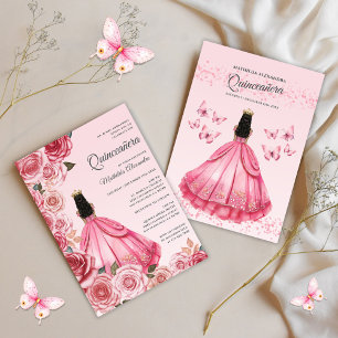 Invitation Élégant Rose Gold Floral Papillons Quinceanera