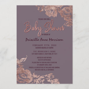 Invitation Élégant Rose Gold Floral Purple Mauve Baby shower