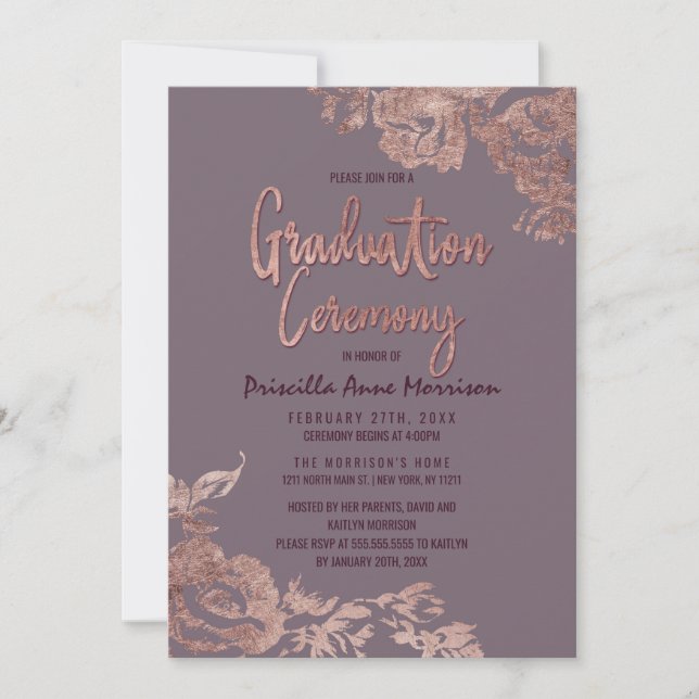 Invitation Élégant Rose Gold Floral Purple Mauve Graduation (Devant)