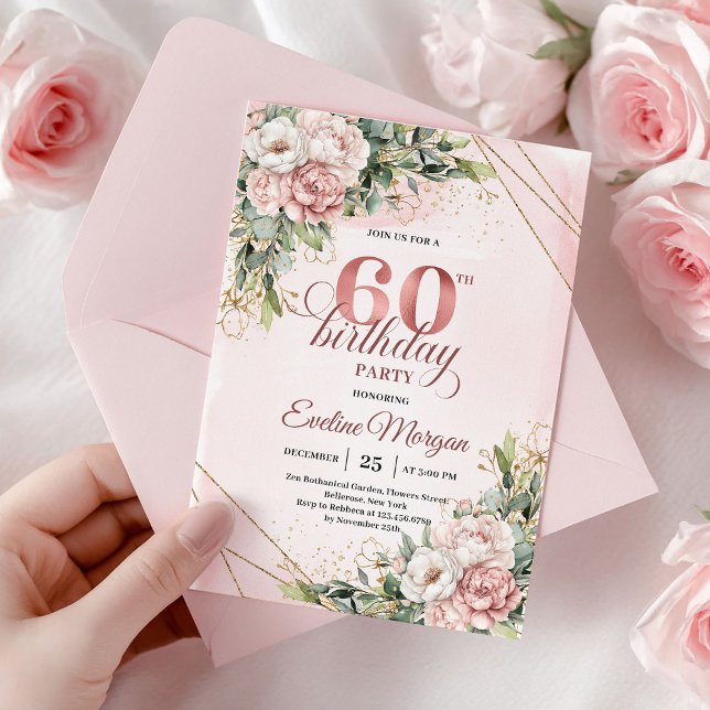 Invitation Elegant Rose Gold Floral Watercolor 60th Birthday  (Elegant Rose Gold Floral Watercolor 60th Birthday Invite

)