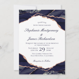 Invitation Elégant Rose Gold Foil Marine Blue Agate Mariage