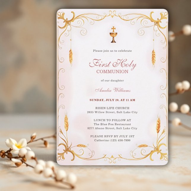 Invitation Élégant Rose & Gold Girl Première Sainte Communion (Elegant First Holy Communion Invitation for Girl – Pink & Gold Chalice Design)
