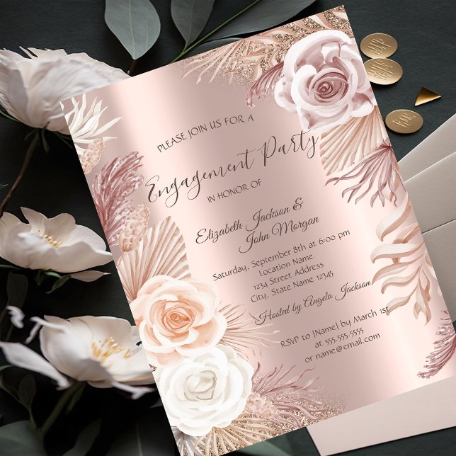 Invitation Élégant Rose Gold Glitter Boho Fleurs Engagement  (Créateur téléchargé)