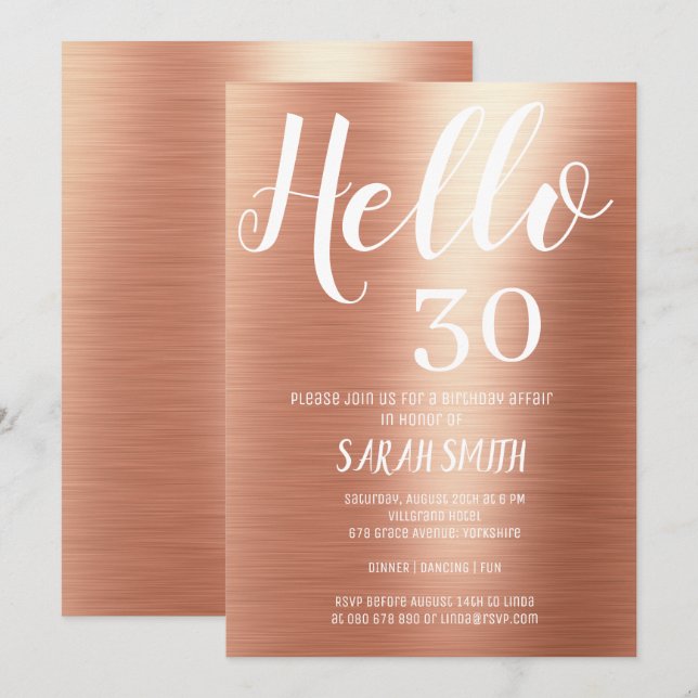 Invitation Elégant Rose Gold Hello 30 Anniversaire (Devant / Derrière)