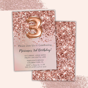 Invitation Elégant Rose Gold Kids Girl 3ème anniversaire fête