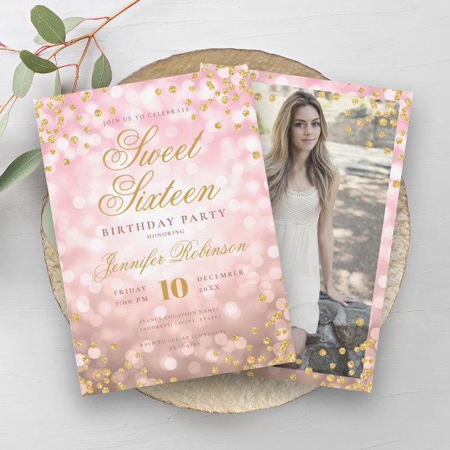 Invitation Élégant Rose Gold Lights & Gold Photo Sweet 16 (Elegant Rose Gold Lights & Gold Photo Sweet 16 Invitation)