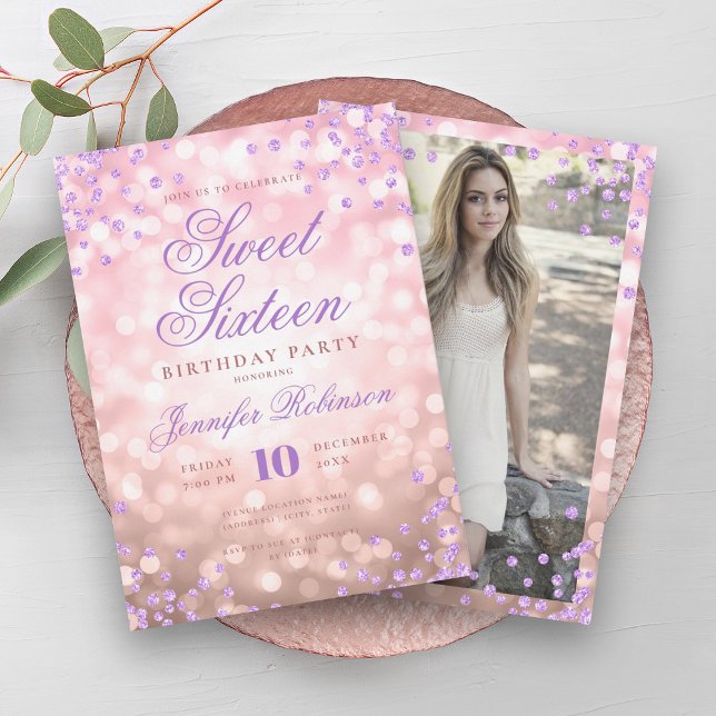 Invitation Élégant Rose Gold Lights Purple Photo Sweet 16 (Elegant Rose Gold Lights Purple Photo Sweet 16 Invitation)
