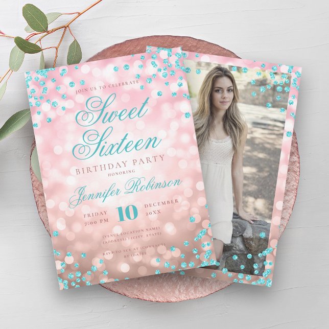 Invitation Élégant Rose Gold Lights Turquoise Sweet 16 (Elegant Rose Gold Lights Turquoise Sweet 16 Invitation)