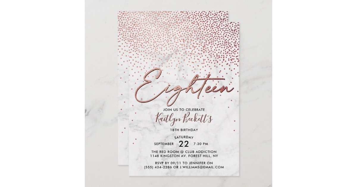 Invitation Elégant Rose Gold & Marble 18e anniversaire Zazzle.fr