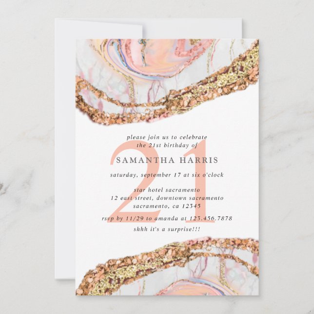Invitation Elégant Rose Gold Marble 21e fête d'anniversaire (Devant)