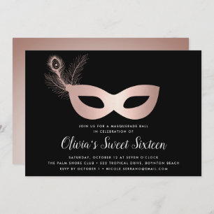 Invitation Elégant Rose Gold Masquerade Thème Sweet sixteen