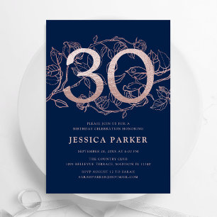 Invitation Elégant Rose Gold Navy 30e anniversaire
