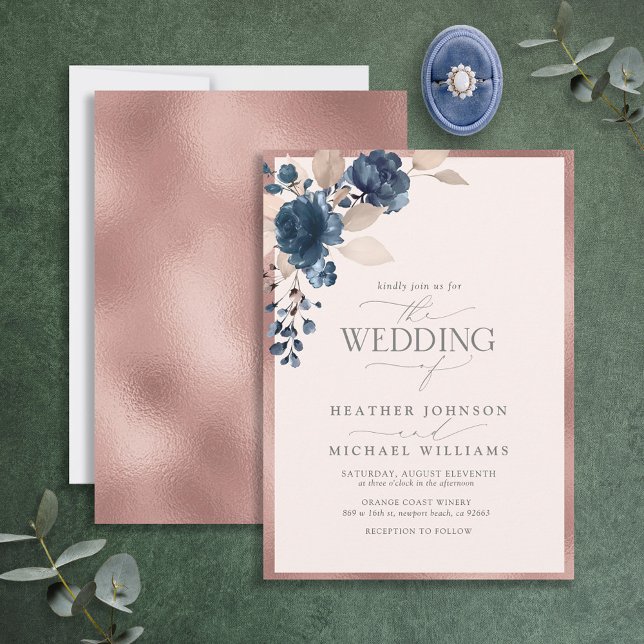 Invitation Elégant Rose Gold Navy bleu bleu bleu rose floral (Créateur téléchargé)