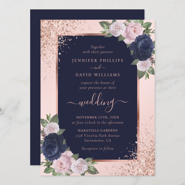 Invitation Elégant Rose Gold Navy Blue Blush Floral Mariage (Devant / Derrière)