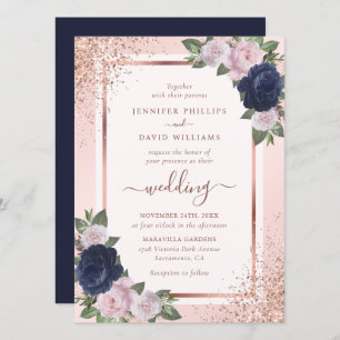 Invitation Elégant Rose Gold Navy Blue Blush Floral Mariage