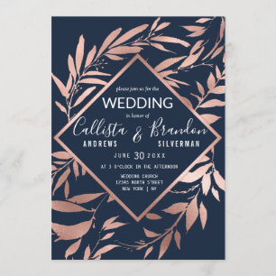 Invitation Elégant Rose Gold Navy Blue Floral Feuille Mariage