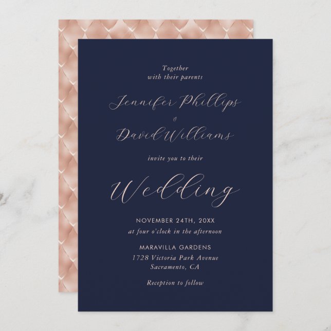 Invitation Elégant Rose Gold Navy Blue Modern Script Mariage (Devant / Derrière)
