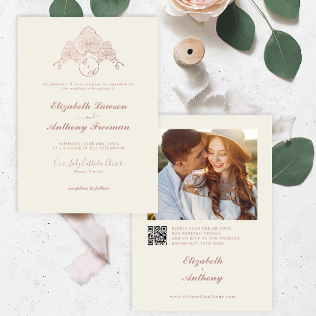 Invitation Elégant Rose Gold Orchid Photo QR Code Mariage (Créateur téléchargé)