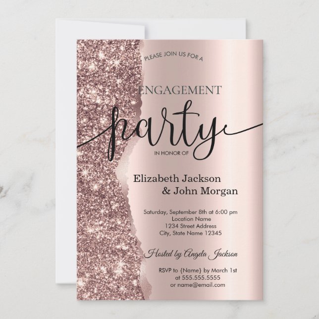 Invitation Élégant rose gold pailleté écriture engagement  (Devant)