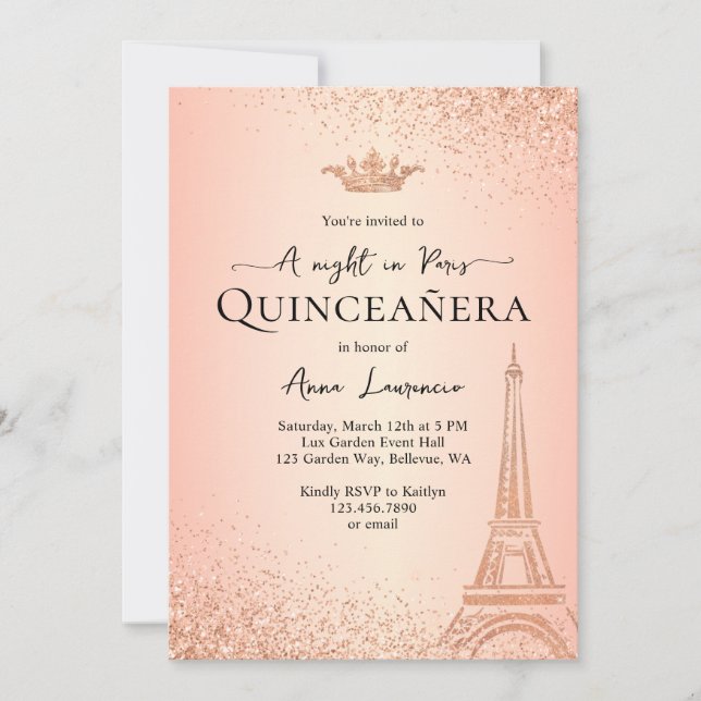 Invitation Elégant Rose Gold Paris Night Theme Quinceanera (Devant)