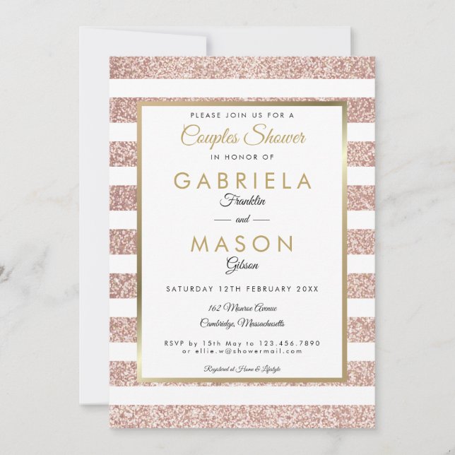 Invitation Elégant Rose Gold Parties scintillant Stripe Coupl (Devant)