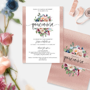 Invitation Elégant Rose Gold Pastel Floral Quinceañera Invit