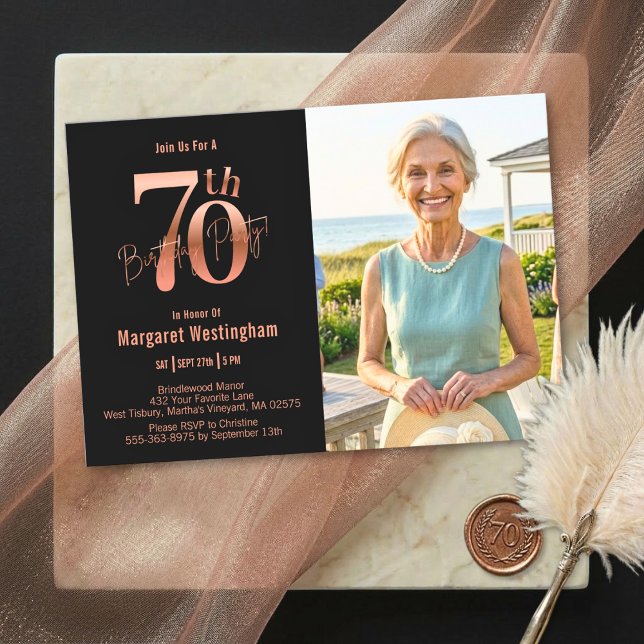 Invitation Elegant Rose Gold Photo 70th Birthday (Créateur téléchargé)